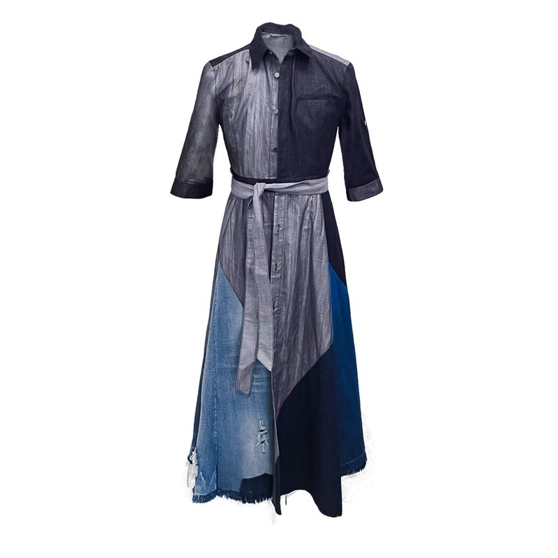 【Story Wear】手工丹寧天絲棉拼接灰色翻袖長洋裝 - 洋裝/連身裙 - 棉．麻 藍色