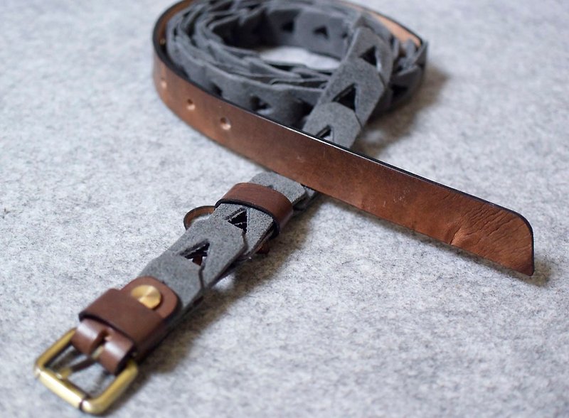 YOURS braided combination leather belt dark wood + gray suede - เข็มขัด - หนังแท้ 