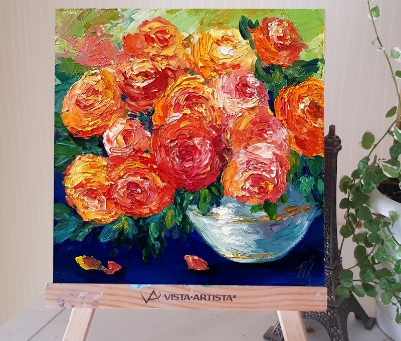 Roses decorative oil Painting Impasto Flower Original Artwork Rose Wall Art - 壁貼/牆壁裝飾 - 其他材質 紅色