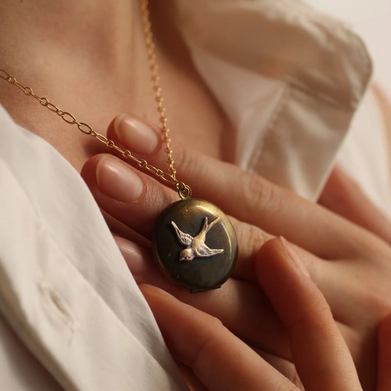 復古飛鳥盒墜項鍊 - 項鍊 - 銅/黃銅 金色