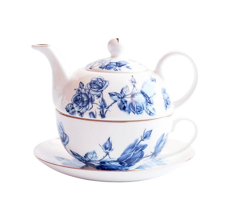 英國Aynsley 藍玫瑰系列 骨瓷獨享杯壺組 - 茶具/茶杯 - 瓷 藍色