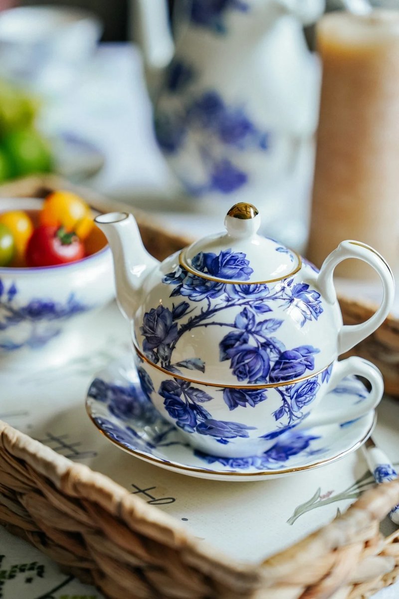 英國Aynsley 藍玫瑰系列 骨瓷獨享杯壺組 - 茶壺/茶杯/茶具 - 瓷 藍色