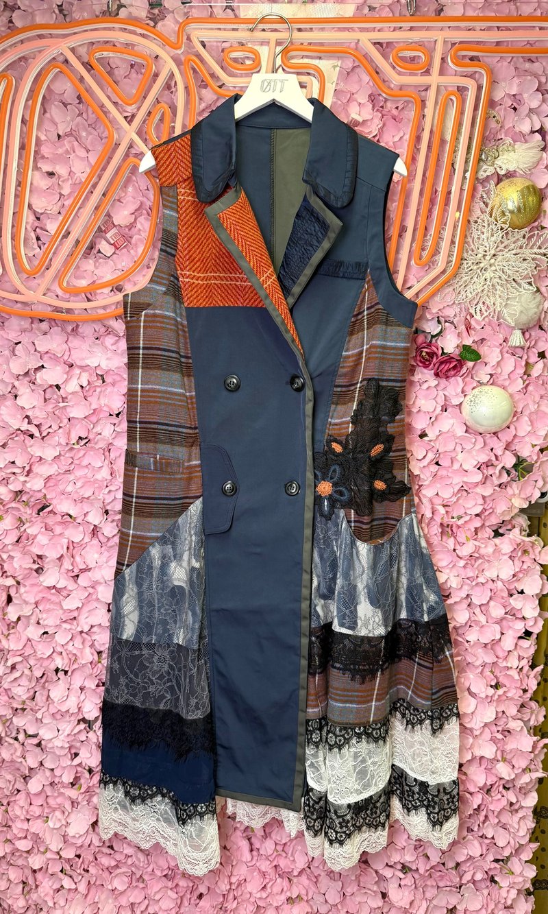 OTT只此一件•日系重工tweed格仔手鉤蕾絲印花雪紡風衣外套 - 女大衣/外套 - 棉．麻 橘色