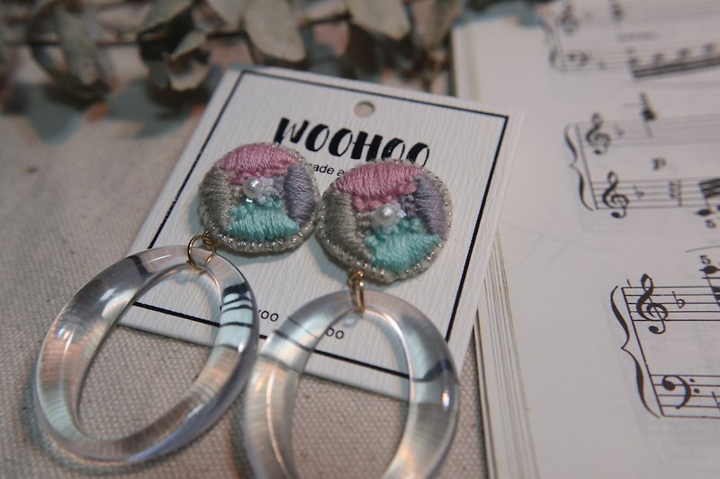 Geometric color matching embroidered earrings ear clip 925 ear pin | Pink | Made in Hong Kong - ต่างหู - งานปัก หลากหลายสี