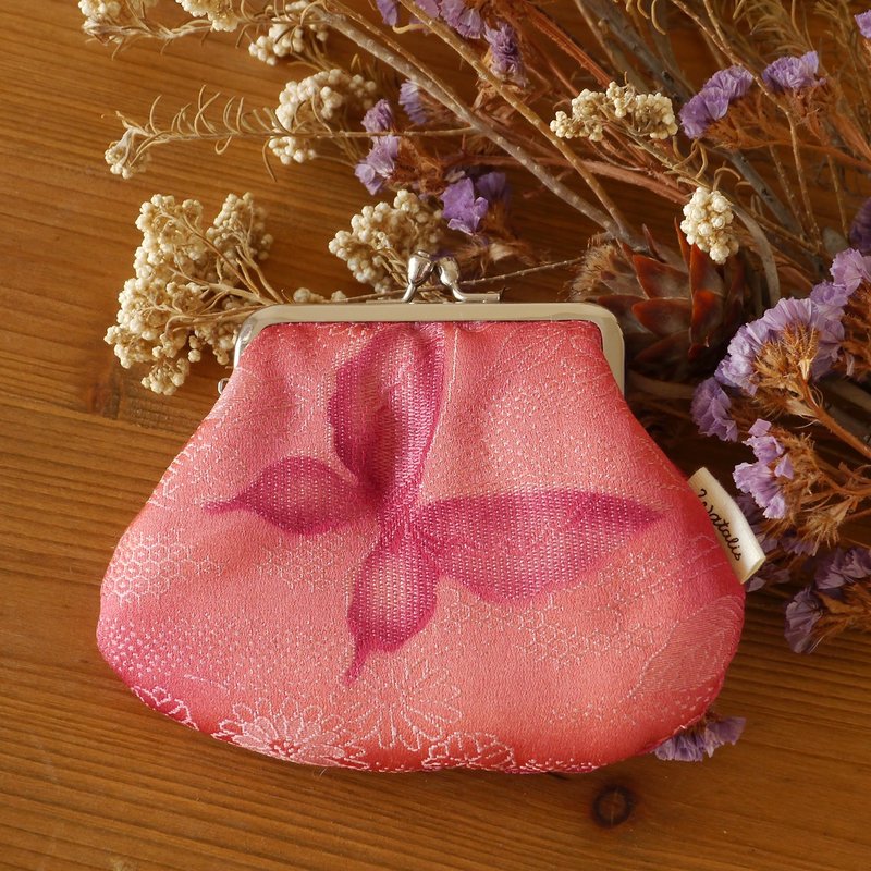 Fluffy Kimono Purse with Butterfly Pattern Coin Kiss lock bag - Coin Purses - Silk Pink