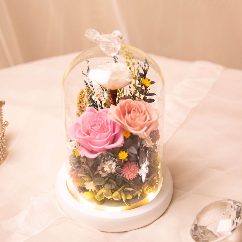 [Garden] Preserved Flowers Dried Flowers LED Glass Shade Night Light/Birthday New Home Valentine’s Day Women - โคมไฟ - พืช/ดอกไม้ สึชมพู