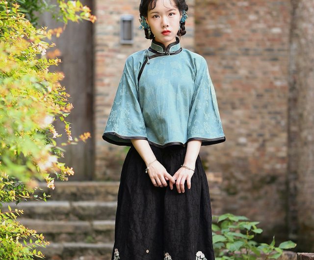 松煙墨色】民国レトロ調 ラウンドヘムチャイナブラウス - ショップ