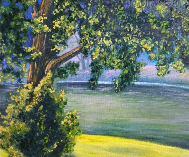 オリジナル油絵風景川沿いの古い木リバーサイド 30x50cm