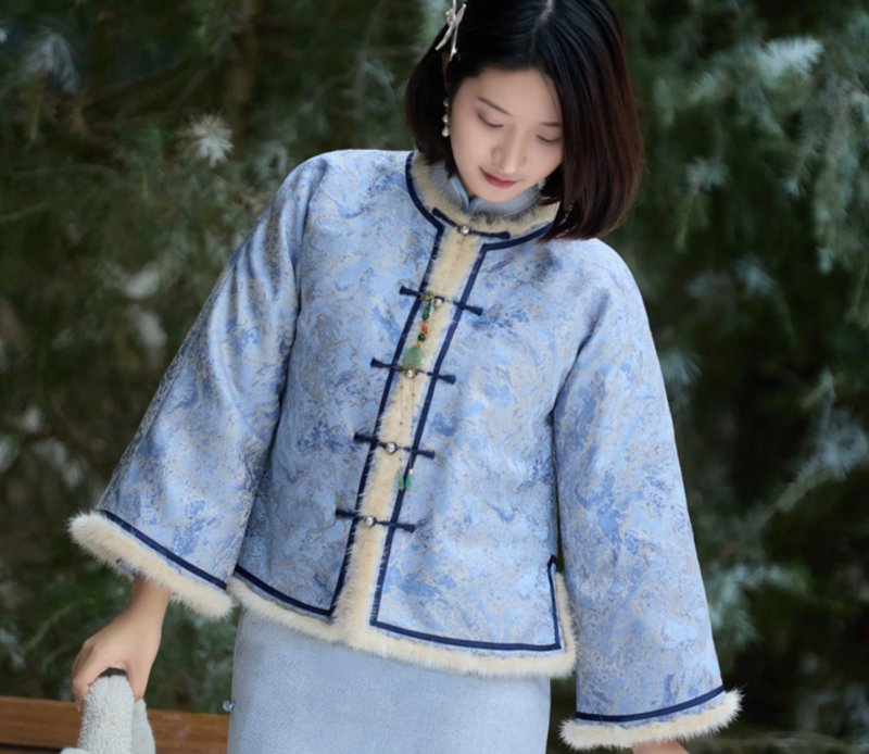 [Mink Fur] New Chinese Retro Jacquard Cardigan - Women's Tops - Other Materials Blue