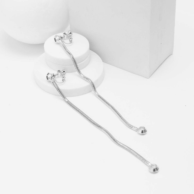 蛇鍊夾式耳環 Snake Chain Clip Earrings(亮銀) - 耳環/耳夾 - 其他金屬 銀色