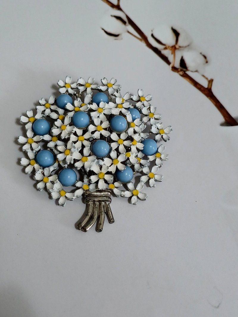 vintage jewelry 古董典雅琺瑯 勿忘我花束別針 - 胸針 - 其他金屬 