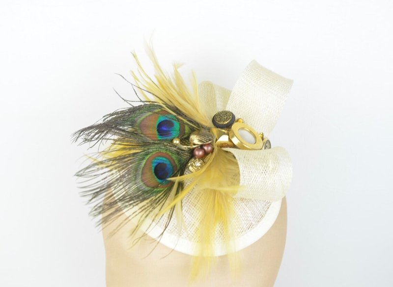 Fascinator in Ivory with Peacock and Gold Feathers, Vintage Jewels and Buttons - Hair Accessories - Other Materials Gold