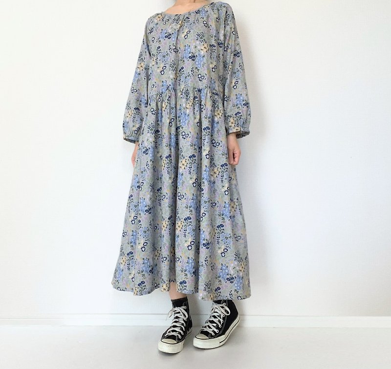 spring wildflower pattern　long sleeve dress 　Floral　Cotton 　with pocket　gray - One Piece Dresses - Cotton & Hemp Gray