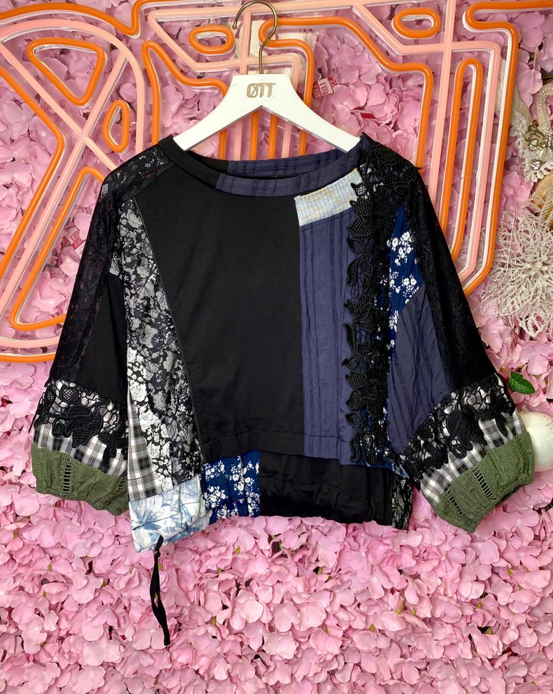 OTT unique•Japanese black basket green faux two piece dark striped floral checkered top - เสื้อผู้หญิง - ผ้าฝ้าย/ผ้าลินิน หลากหลายสี