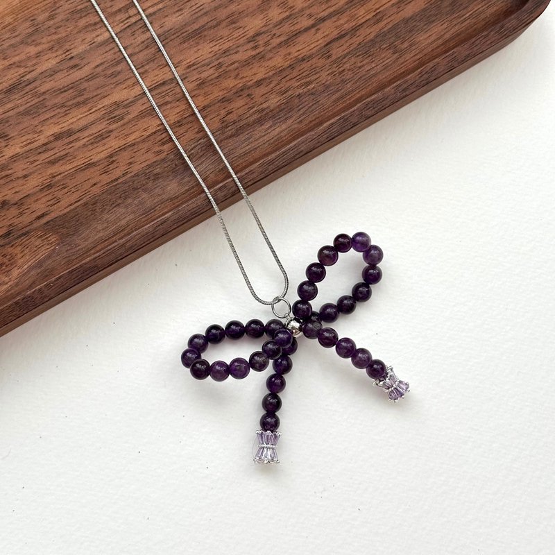 [Aquarius Pisces | February Birthstone] Amethyst Bow Silver Necklace Love Honest Social Field - Necklaces - Semi-Precious Stones Purple