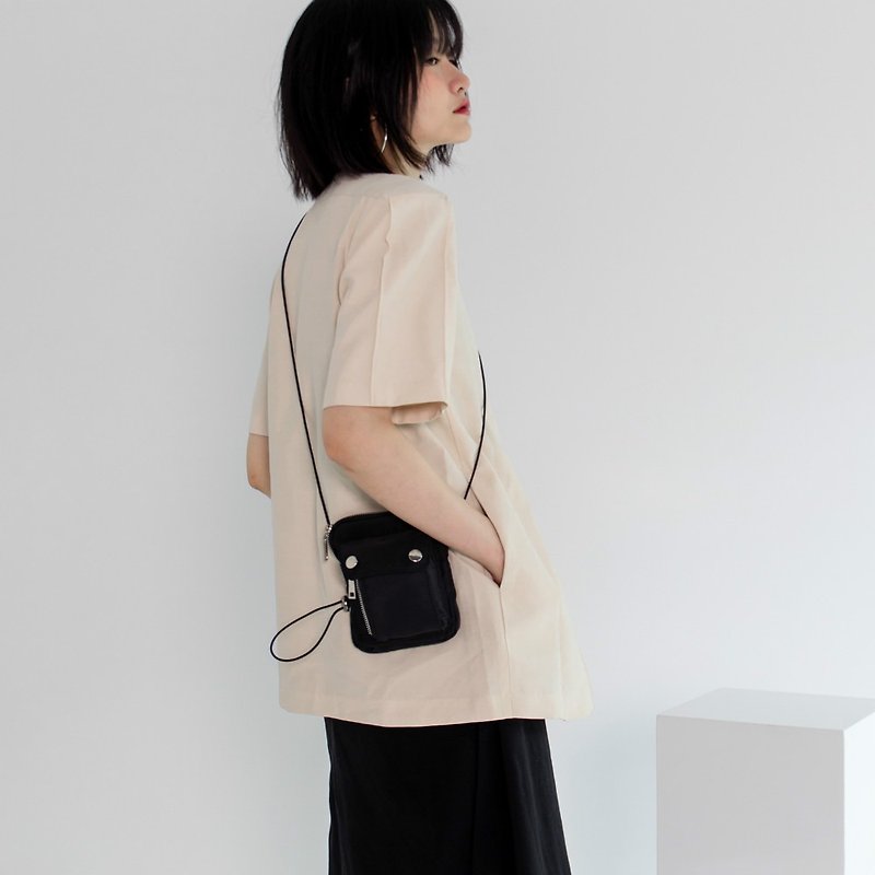 Black tricolor drawstring mini zipper parcel purse with elastic straps mobile phone storage bag - Messenger Bags & Sling Bags - Faux Leather Black