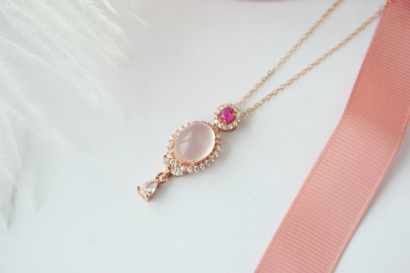 Pendant and Necklace Rose quartz and ruby Silver925 with rose gold plated. - 項鍊 - 純銀 粉紅色