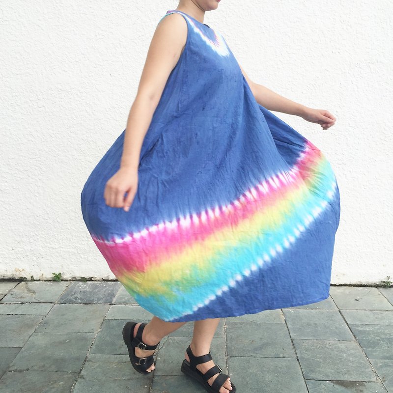Tie dye dress/Dress/Boho dress/festival dress/tank dress [Rainbow] - ชุดเดรส - ผ้าฝ้าย/ผ้าลินิน สีน้ำเงิน