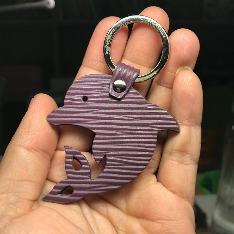 {Leatherprince handmade leather} Taiwan MIT deep purple cute dolphin silhouette version leather key ring / Dolphin Silhouette epi leather keychain in deep purple (small size / - ที่ห้อยกุญแจ - หนังแท้ สีม่วง