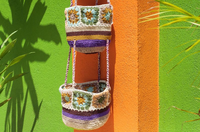 Handmade crochet basket / hand-woven basket / storage basket / hanging bag / flower woven basket - forest - Storage - Cotton & Hemp Multicolor