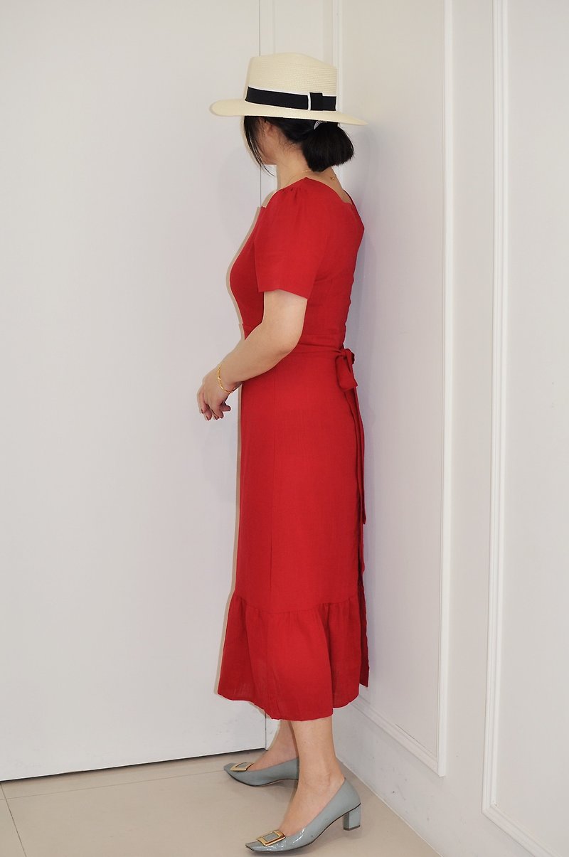 Flat 135 X series Taiwanese designers red cotton short-sleeved Linen dress long sleeved dress - One Piece Dresses - Cotton & Hemp Red
