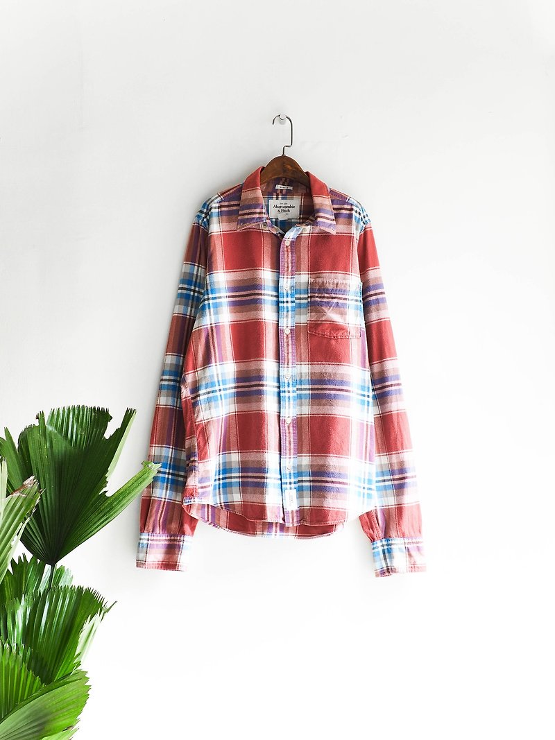 River Hill - a & f youth brick red sky blue cotton shirt Jacket Story tannins antique vintage neutral shirt oversize vintage - Men's Shirts - Cotton & Hemp Red