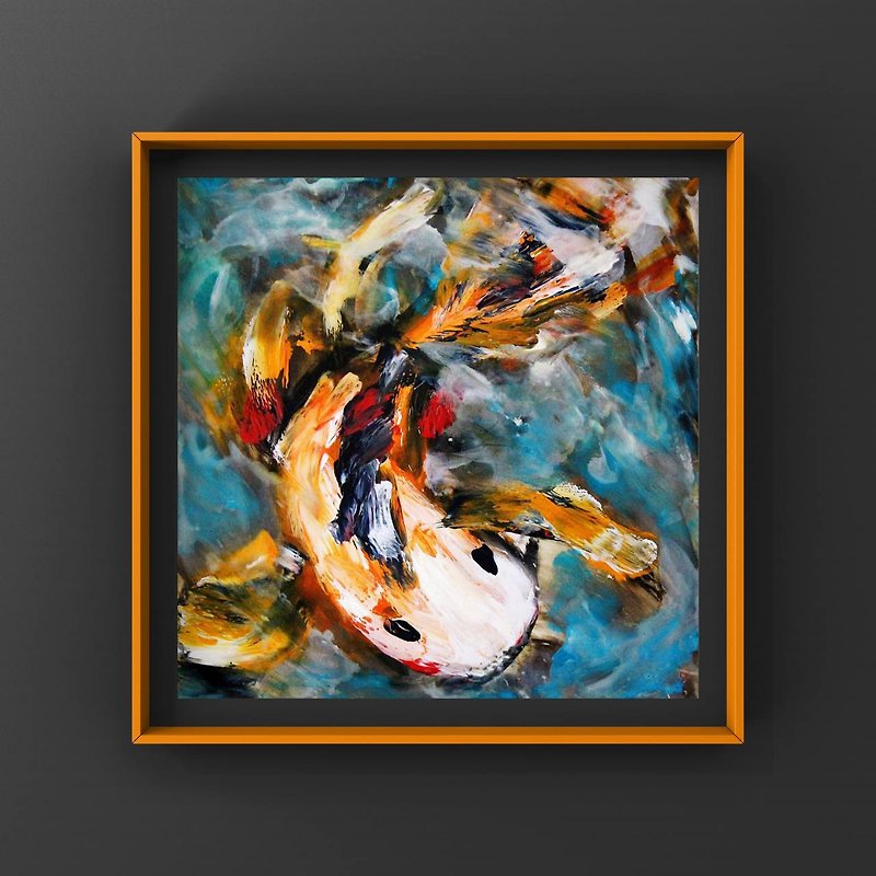 錦鯉魚原創藝術品日本花園錦鯉池塘油畫 6 英寸 15 厘米 - 掛牆畫/海報 - 其他材質 橘色