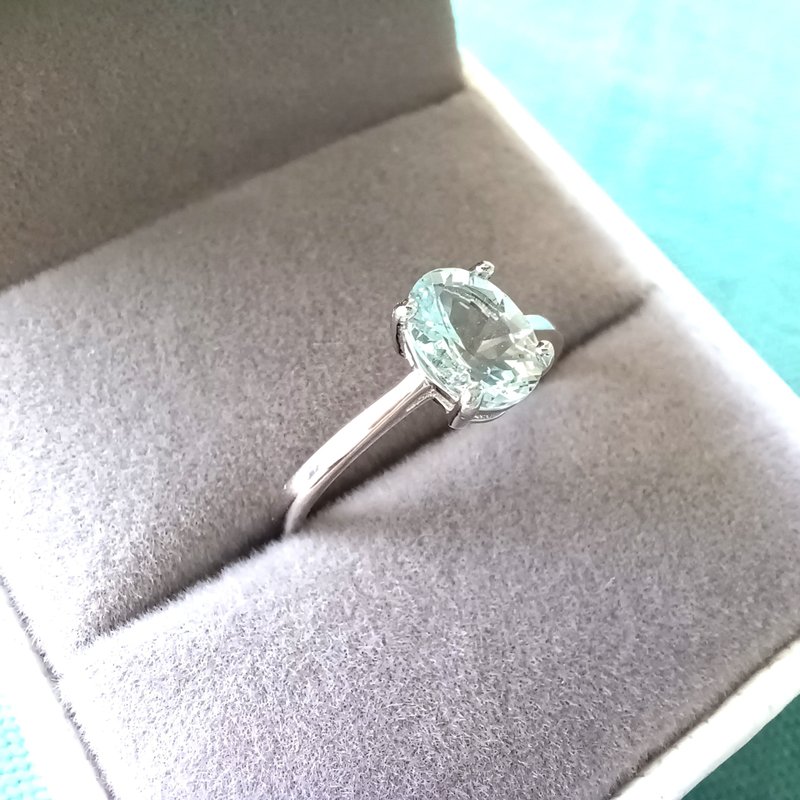 925銀白金 海藍寶Aquamarine 橢圓鑽石.切面爪鑲戒指5*7mm - 戒指 - 純銀 