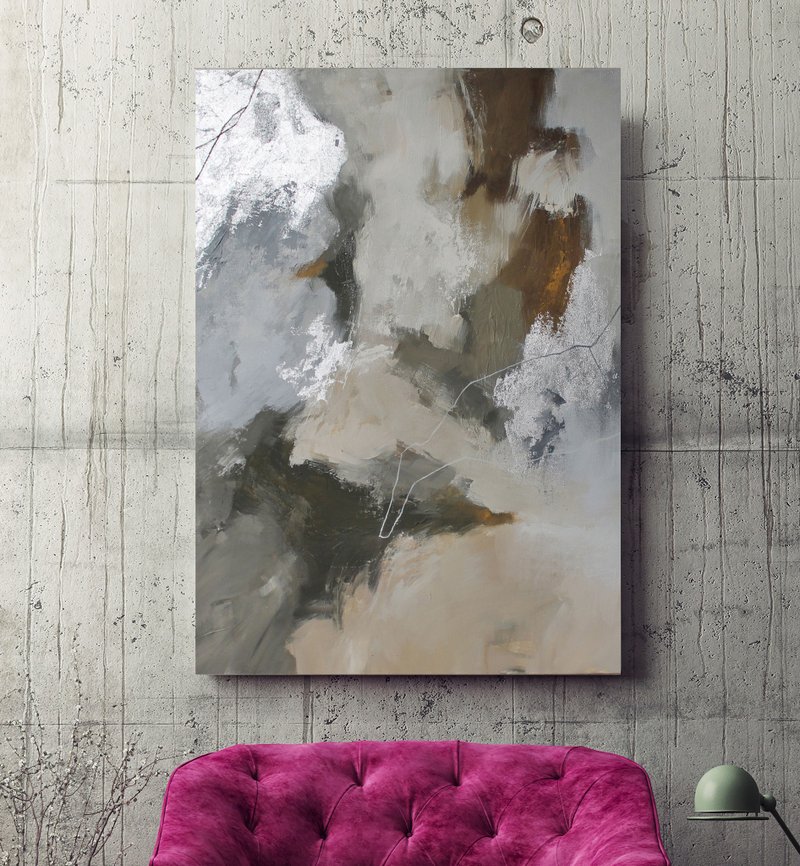 Taupe Painting | Taupe Abstract Art | Brown and Silver Painting | Velor 2 - 壁貼/牆壁裝飾 - 棉．麻 咖啡色