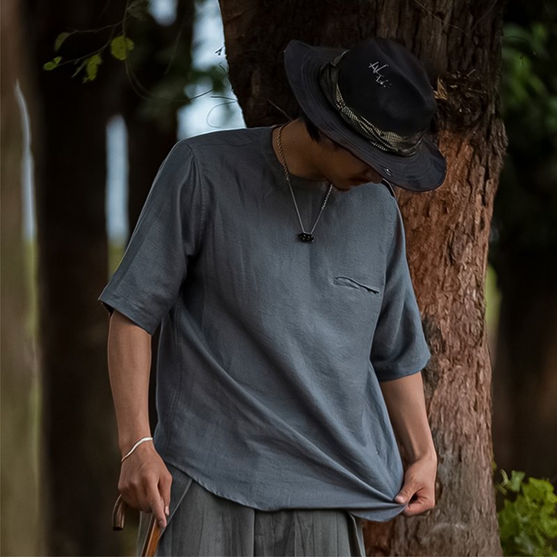SOARIN英倫復古棉麻仿舊圓領肩釦休閒T-SHIRT-灰色(222P610) - 男 T 恤 - 棉．麻 灰色