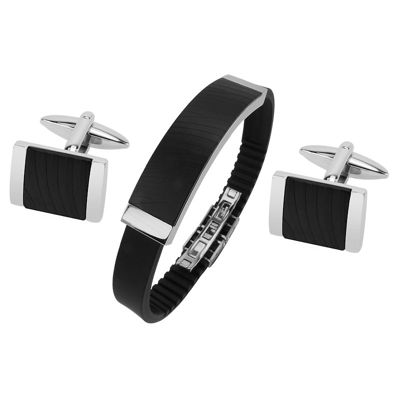 Stainless Steel IP Black Zebra Texture Cufflinks and Bracelet Set - กระดุมข้อมือ - โลหะ สีดำ
