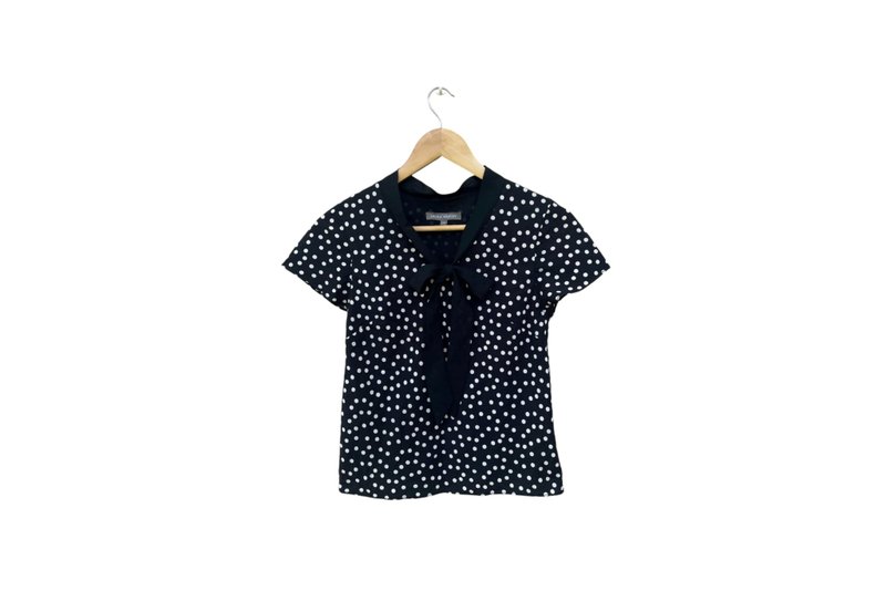 LAURA ASHLEY pussy bow collar top, navy and white polka dot Ascot top, S-M - 女上衣/長袖上衣 - 聚酯纖維 藍色