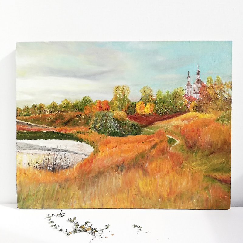 Autumn Landscape Painting Lake Original Art Autumn Oil Painting Wall Home Art - โปสเตอร์ - ผ้าฝ้าย/ผ้าลินิน หลากหลายสี