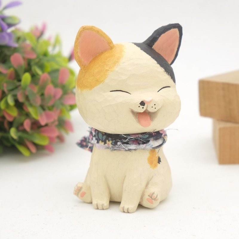 I want to be a room wood carving animal _ sitting three cats (log wood carving craft) - Stuffed Dolls & Figurines - Wood White