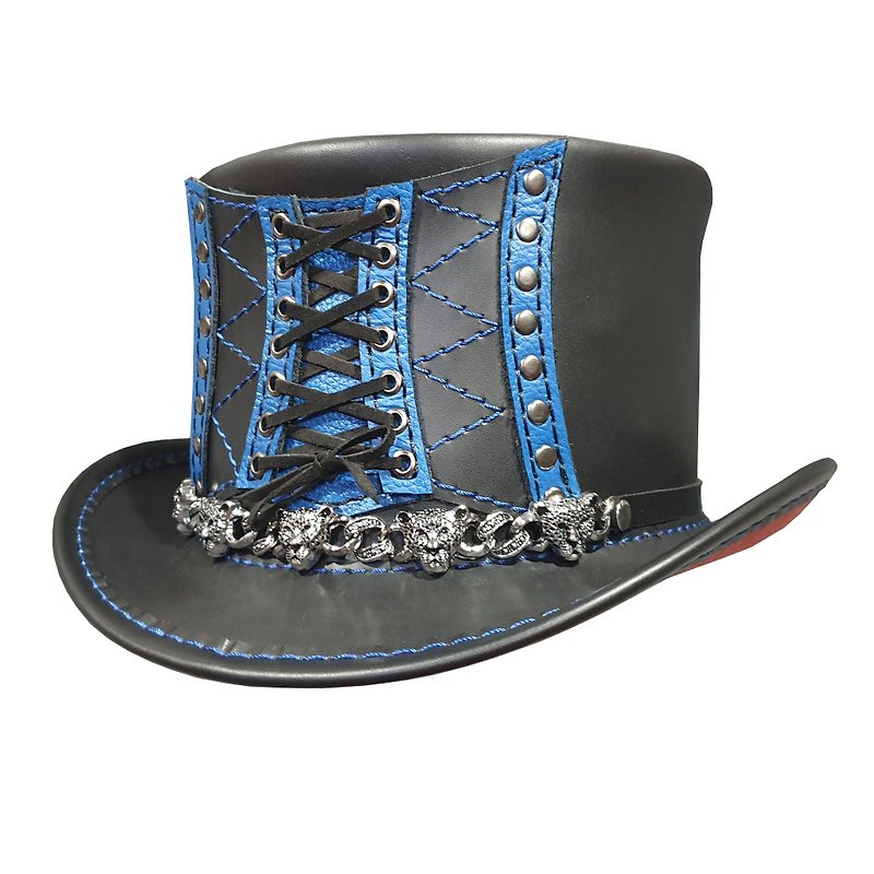 Steampunk Corset Pinched Crown Leather Top Hat - หมวก - หนังแท้ สีดำ