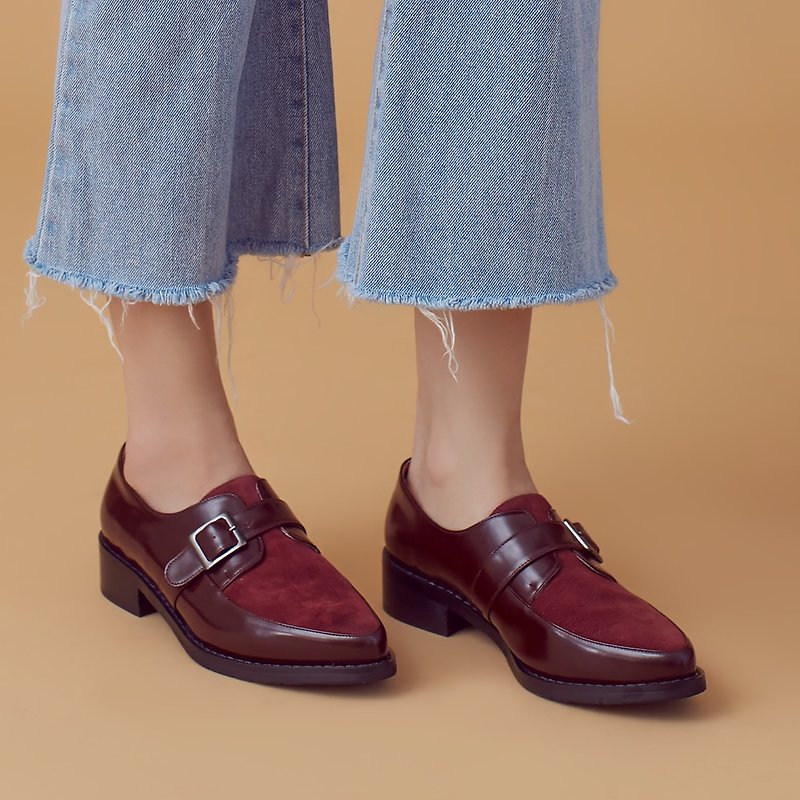 Improved cardigan style! Non-wearing soft core two-tone Monk shoes burgundy MIT full leather - รองเท้าอ็อกฟอร์ดผู้หญิง - หนังแท้ สีแดง
