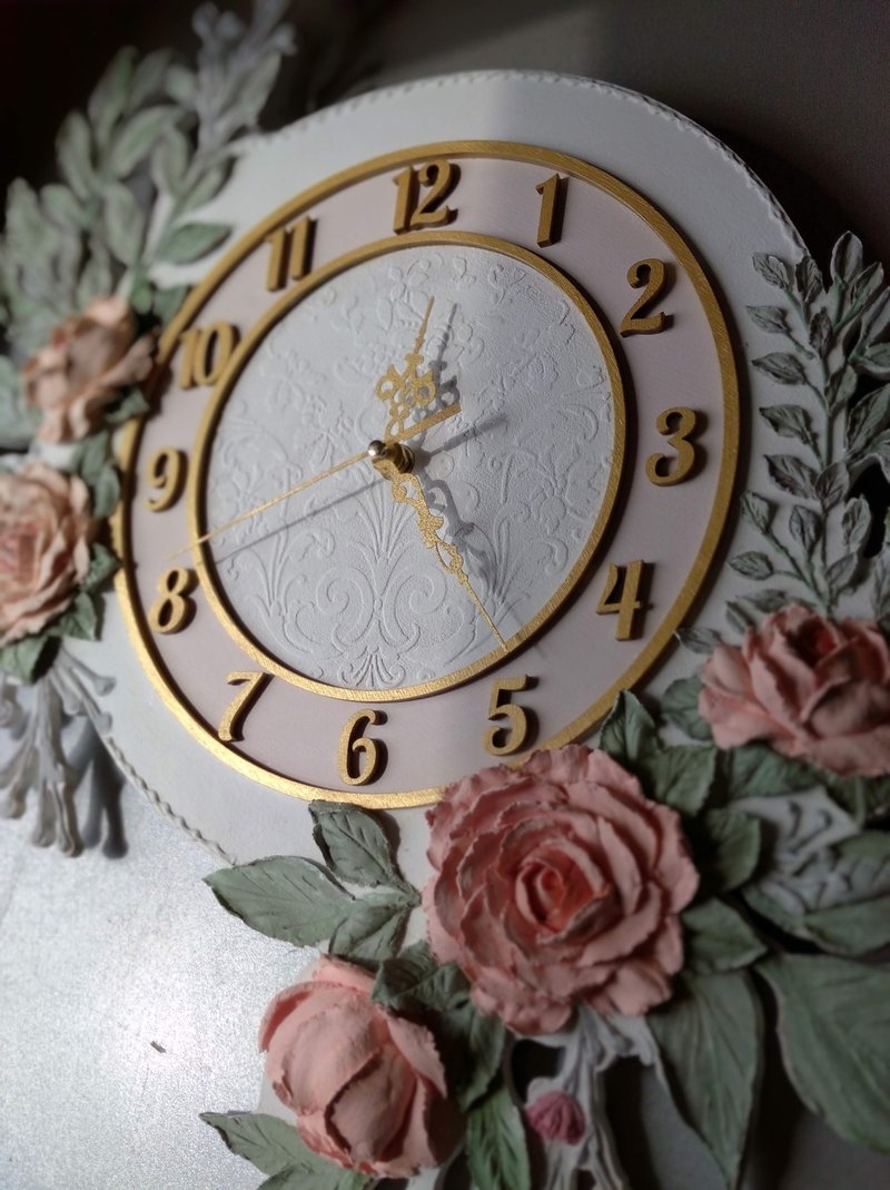大時鐘 掛鐘 Wall clock with roses Birthday Gift Silent clock for bedroom Girl clock - 時鐘/鬧鐘 - 木頭 白色