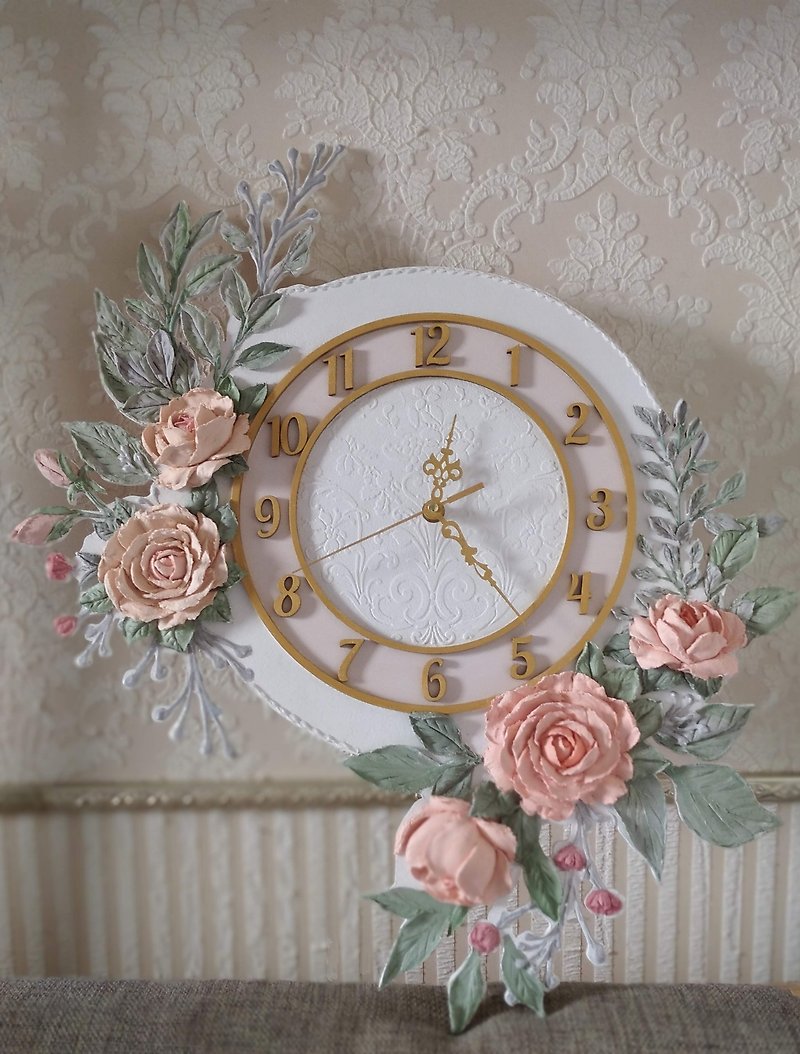 大時鐘 掛鐘 Wall clock with roses Birthday Gift Silent clock for bedroom Girl clock - 時鐘/鬧鐘 - 木頭 白色