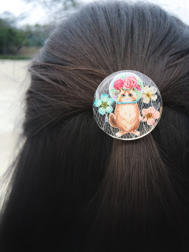 Glass Ball Cat Lady Cat Hair Tie Japanese Dried Flowers - เครื่องประดับผม - เรซิน สีใส