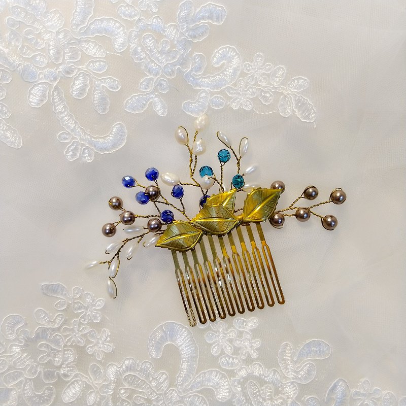 Wearing a happy rice ear series - bridal hair comb. French comb. Self-service wedding - blue and green wings - เครื่องประดับผม - โลหะ สีทอง