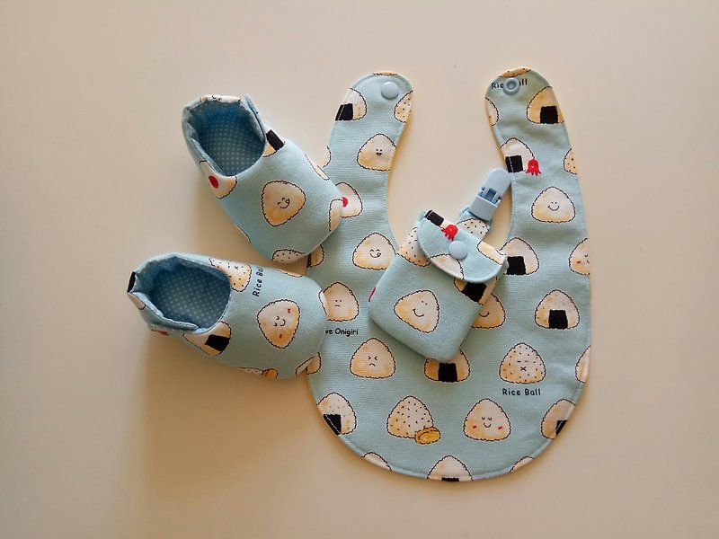 飯糰小子彌月禮物 嬰兒鞋+嬰兒圍兜+平安符袋 - 彌月禮盒 - 棉．麻 藍色