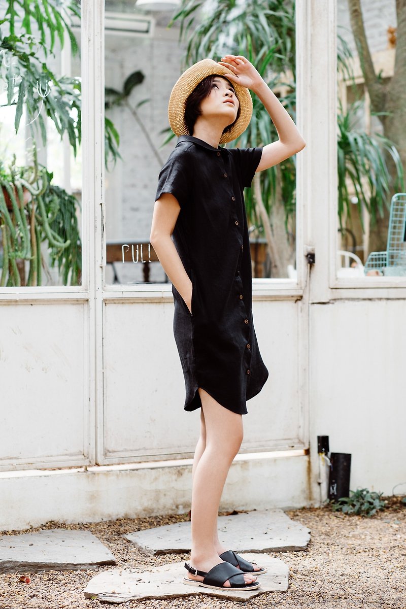 Linen Peterpan's collar dress shirt in black - One Piece Dresses - Other Materials Black