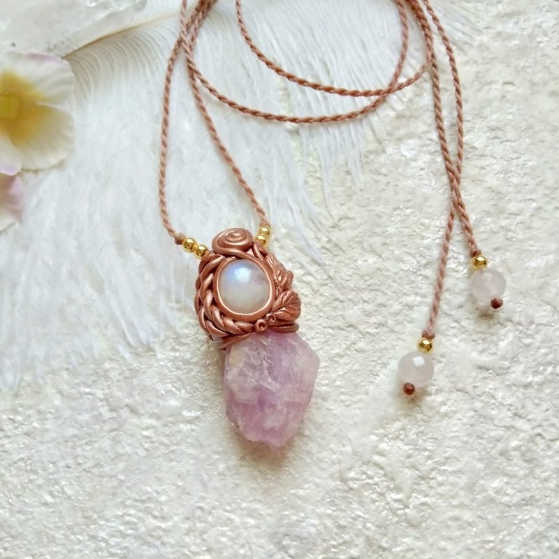 Pink moonlight. Kunzite. moonstone. South American Wax thread braided polymer clay necklace - สร้อยคอ - เครื่องประดับพลอย สีม่วง