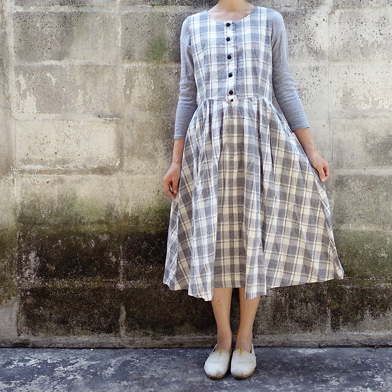 BajuTua /ヴィンテージ/シンプルな綿の格子縞のノースリーブのドレス - ワンピース - コットン・麻 グレー