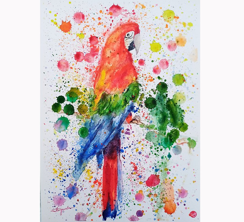 Parrot Watercolor Original Painting Bird Watercolor Abstract Art - Posters - Paper Multicolor