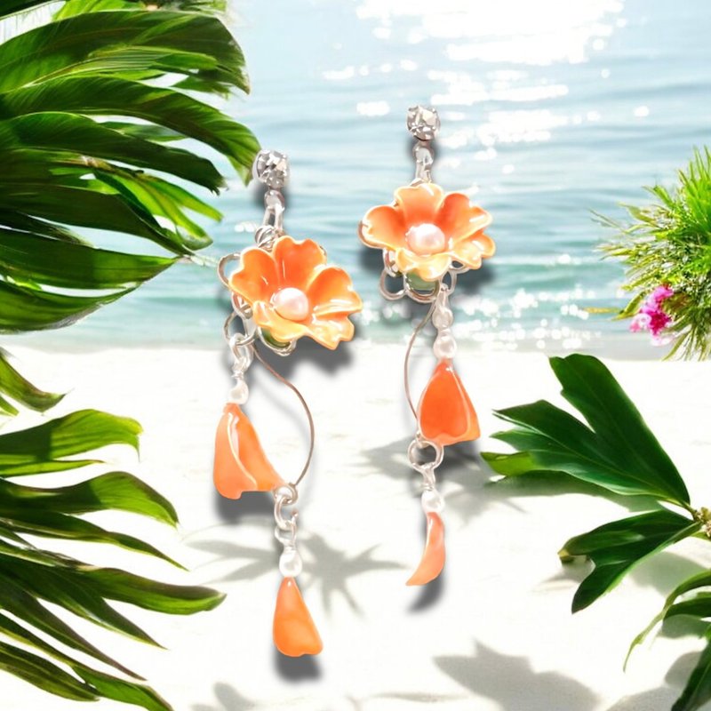 ナスタチウム 〜 ディップジュエリー イヤリング ピアス 大人可愛い 初夏 ディップフラワー 新作 - 耳環/耳夾/耳骨夾 - 其他金屬 橘色