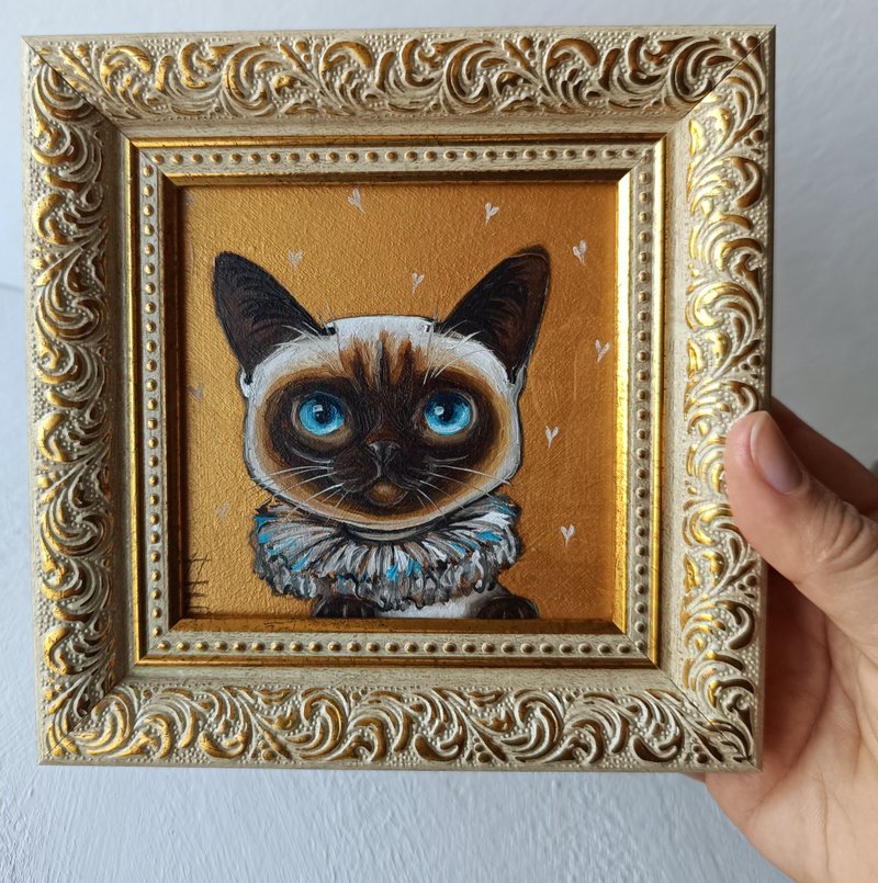 Siamese kitten in a collar oil painting Cat Art 10*10 cm - Wall Décor - Other Metals Gold