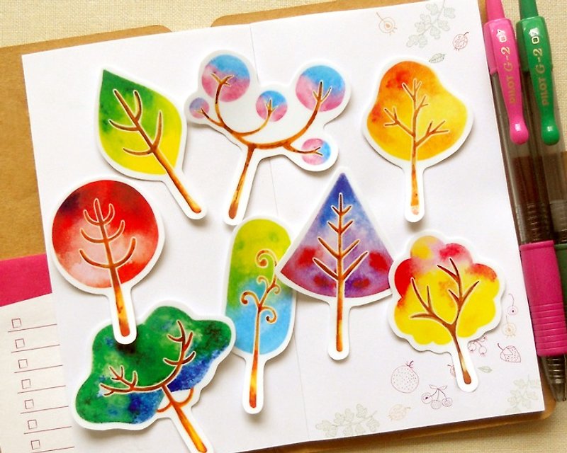 Trees Stickers - Watercolor Stickers - Waterproof Stickers - Stickers - Paper Multicolor