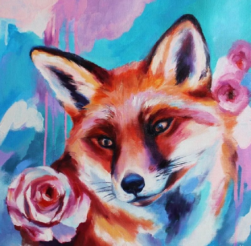 Colorful Fox Painting Animals Original Art Canvas Fox Oil Artwork Animal Art - ตกแต่งผนัง - วัสดุอื่นๆ สีส้ม