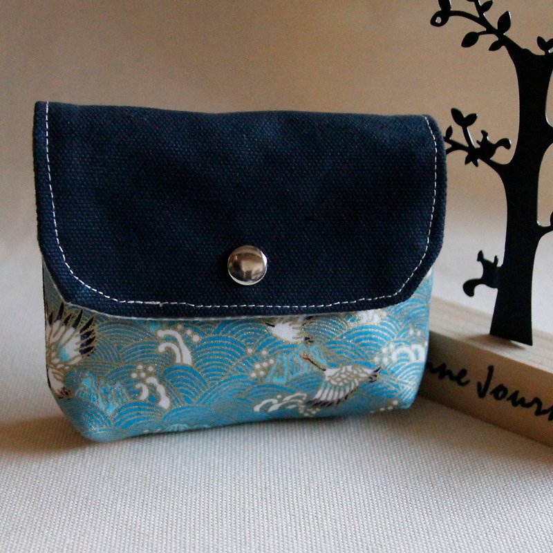 Handmade double-layer bottomed coin purse dark blue canvas cover sky blue Japanese style - Coin Purses - Cotton & Hemp Blue